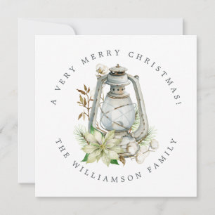 Christmas Watercolor Lantern White Poinsetta Holiday Card