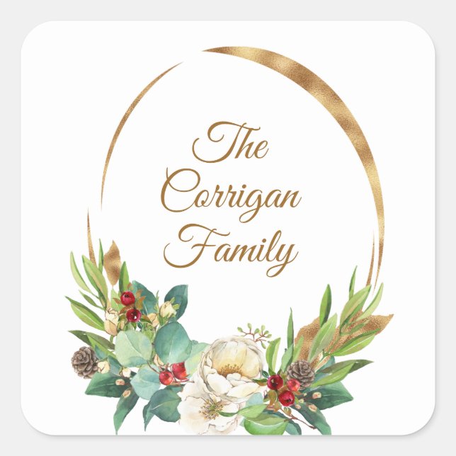 Christmas Watercolor Magnolia and Berry Wreath Square Sticker (Front)