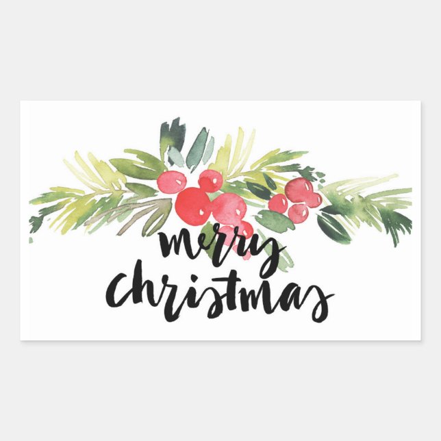 Christmas | Watercolor - Merry Christmas Holly Rectangular Sticker (Front)