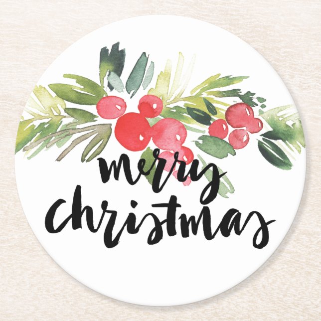 Christmas | Watercolor - Merry Christmas Holly Round Paper Coaster (Front)