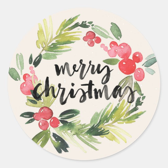 Christmas | Watercolor - Merry Christmas Wreath Classic Round Sticker (Front)