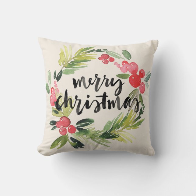 Christmas | Watercolor - Merry Christmas Wreath Cushion (Front)