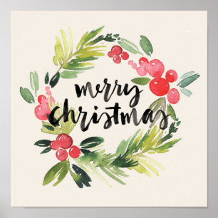 Christmas Watercolor - Merry Christmas Wreath Poster
