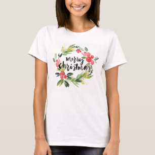 Christmas   Watercolor - Merry Christmas Wreath T-Shirt