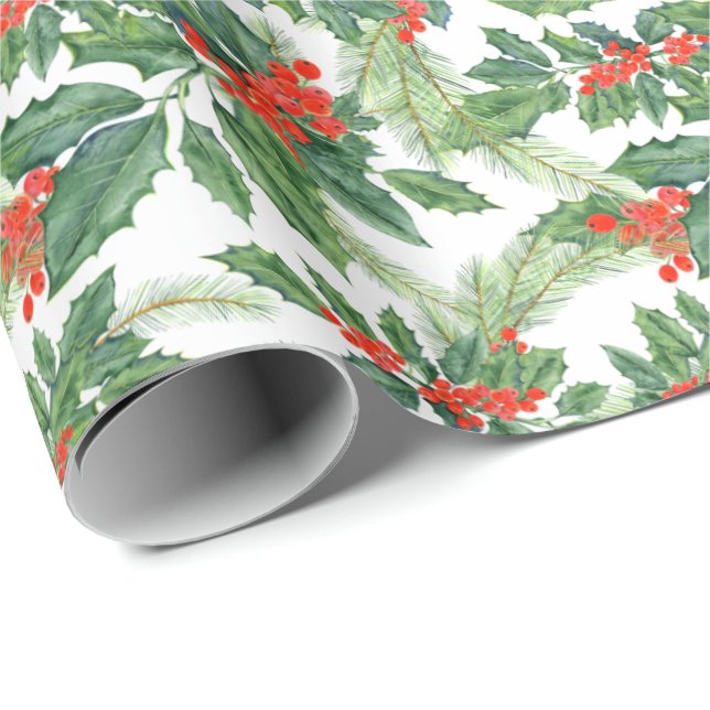 Christmas Watercolor Mistletoe Holly Berry Holiday Wrapping Paper (Roll Corner)