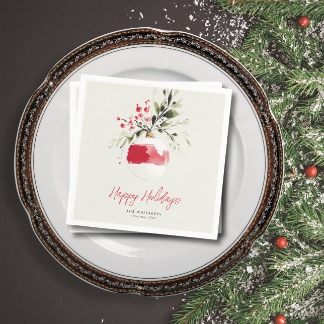 Christmas Watercolor Ornament Personalised Name Napkin (Elegant touch for Christmas dinners or parties.Customize greeting, family name, and year.)