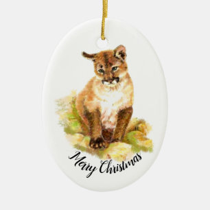 Christmas  Watercolor Painting of a Cougar cub Ceramic Ornament