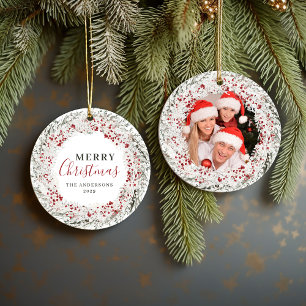 Christmas Watercolor Photo Wreath Ceramic Ornament