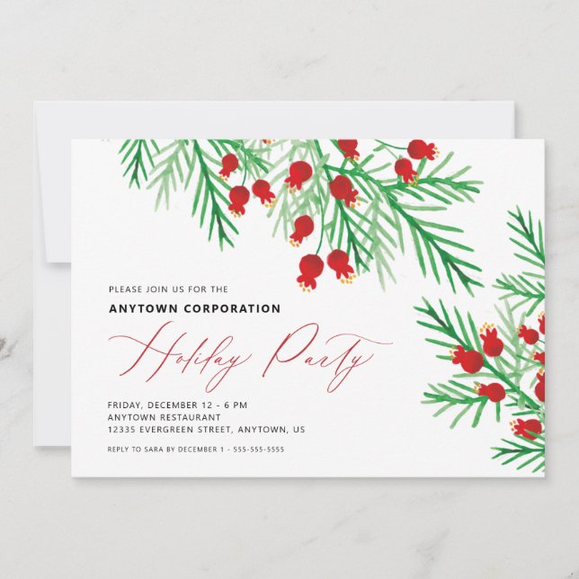 Christmas Watercolor Pine Branches Holiday Party Invitation (Front)