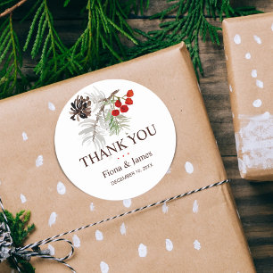Christmas Watercolor Pine Cone Berries Thank You Classic Round Sticker