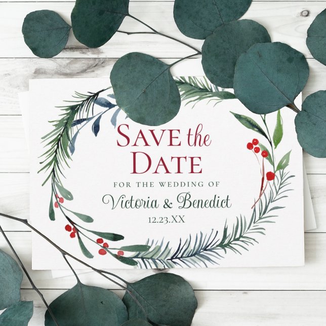 Christmas Watercolor Pine Needles Save the Date Invitation (Creator Uploaded)