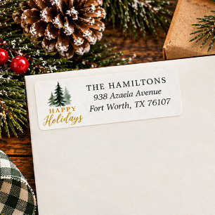 Christmas Watercolor Pine Tree Family Name Return Address Label