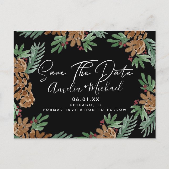 Christmas Watercolor Pinecones Black Save the Date Postcard (Front)