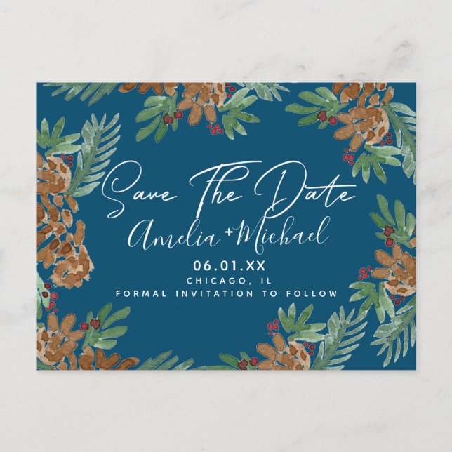 Christmas Watercolor Pinecones Save the Date Postcard (Front)