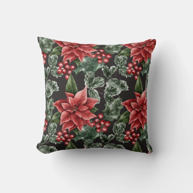 Christmas Watercolor Poinsettia Pattern Cushion (Front)