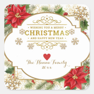 Christmas Watercolor Red and Gold & Poinsettia Square Sticker