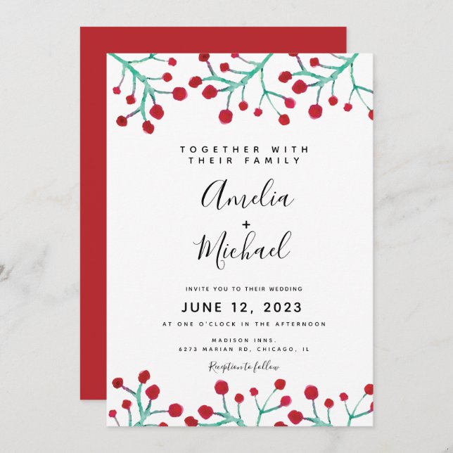 Christmas Watercolor Red Berry Botanical Wedding Invitation (Front/Back)