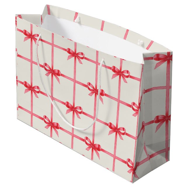 Christmas Watercolor Red Bows & Plaid Large Gift Bag (Back Angled)