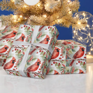 Christmas Watercolor Red Cardinal and Berries  Wrapping Paper