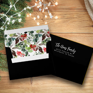 Christmas Watercolor Red Holly Berries Black Envelope