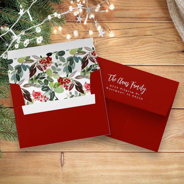 Christmas Watercolor Red Holly Berries Envelope (Festive and Bright!)
