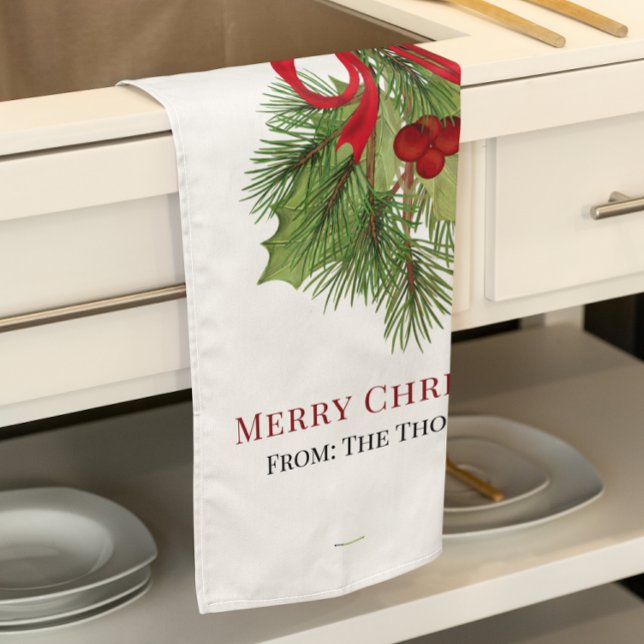 Christmas Watercolor Red Holly Berries Simple  Tea Towel (Merry Christmas greenery and holly berries custom kitchen towel.)