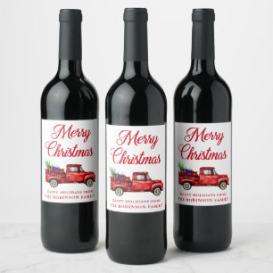 Christmas Watercolor Red Truck Tree Gifts Lights Wine Label