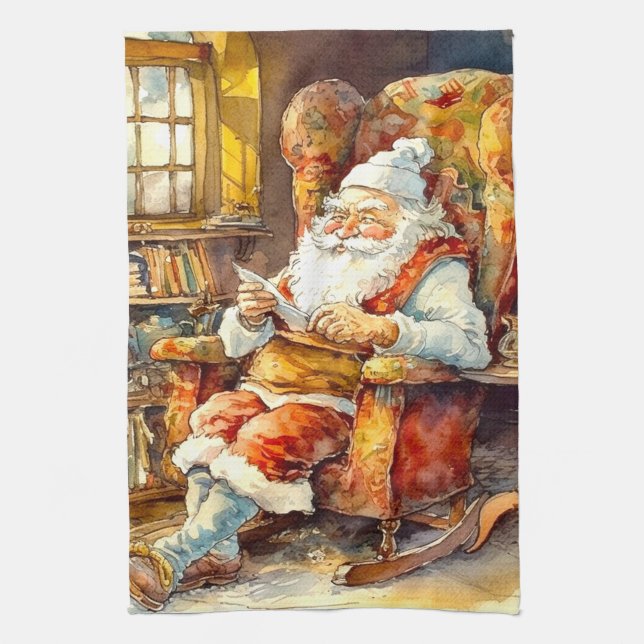 Christmas watercolor Santa Holiday Tea Towel (Vertical)