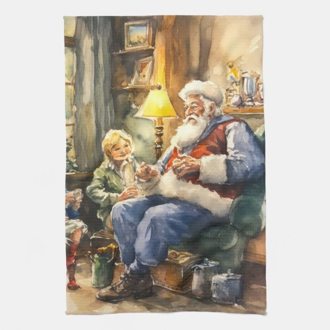 Christmas watercolor Santa Holiday  Tea Towel (Vertical)