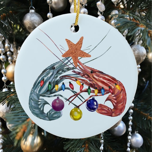 Christmas Watercolor Shrimp Crustacean Ceramic Ornament (Creator Uploaded)