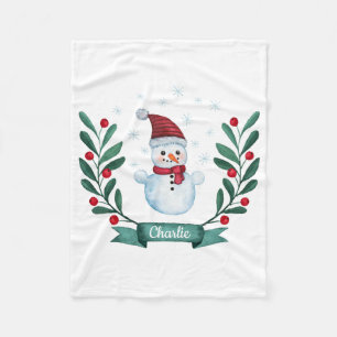 Christmas Watercolor Snowman Custom Fleece Blanket