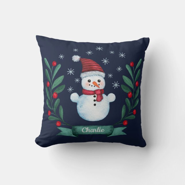 Christmas Watercolor Snowman Custom Navy Blue Cushion (Front)