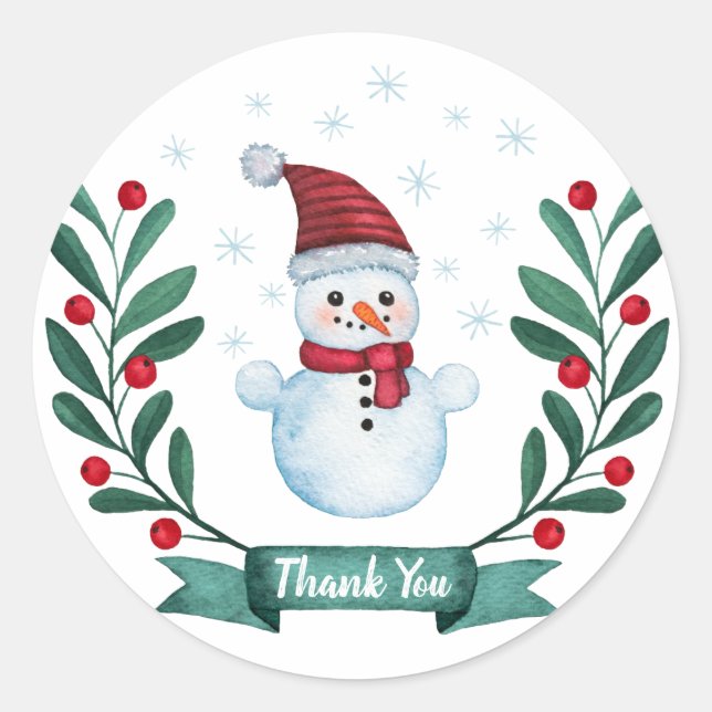 Christmas Watercolor Snowman Thank You Classic Round Sticker (Front)