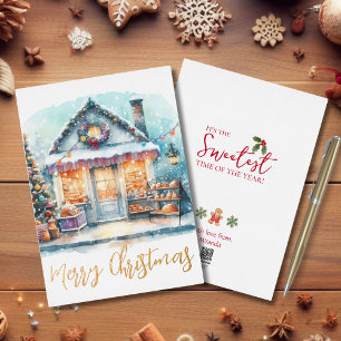 Christmas Watercolor Snowy Bakery Storefront Foil Holiday Card