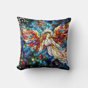 Christmas Watercolor Stained Glass Throw Pillow