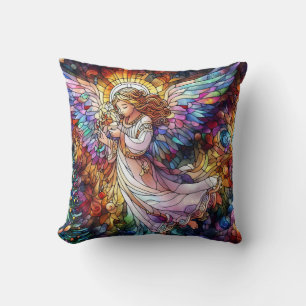 Christmas Watercolor Stained Glass Throw Pillow