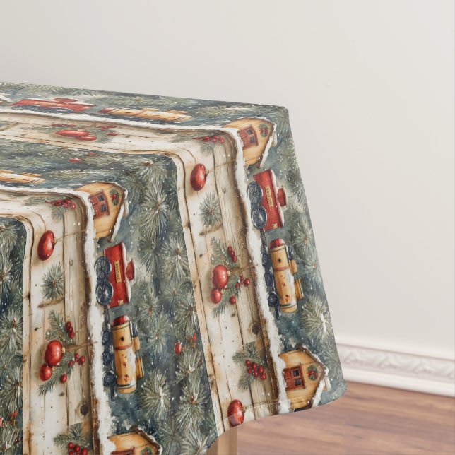 Christmas Watercolor Trains Railroad Station  Tablecloth (In Situ)