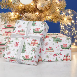 Christmas watercolor vibe tree sled holly wrapping paper