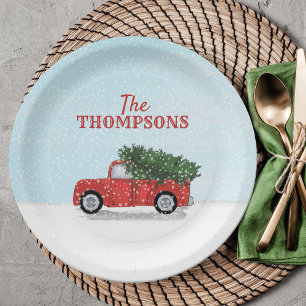 Christmas Watercolor Vintage Red Truck Nostalgic Paper Plate