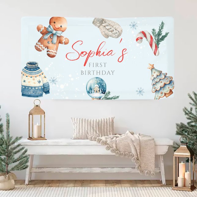 Christmas Watercolor Winter First Birthday Party Banner (Creator Uploaded)