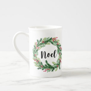 Christmas watercolor wreath bone china mug