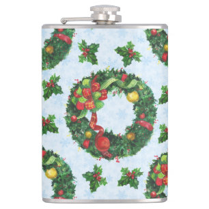 Christmas watercolor Wreath Holiday Hip Flask