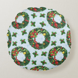 Christmas watercolor Wreath Holiday Round Cushion