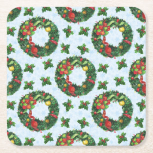 Christmas watercolor Wreath Holiday Square Paper Coaster