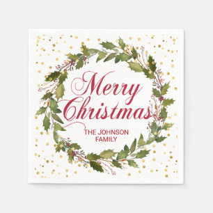 Christmas Watercolor Wreath Holly Gold Napkin