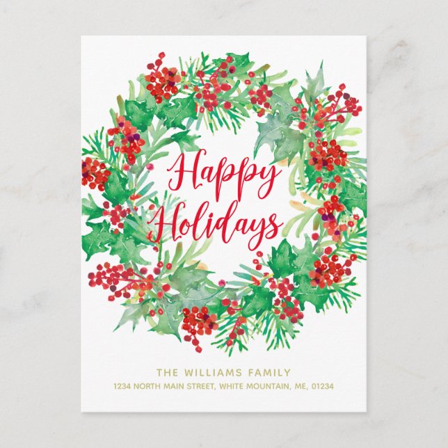 Christmas Watercolor Wreath Modern Script Moving Holiday Postcard (Front)