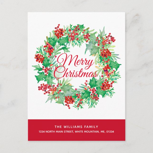 Christmas Watercolor Wreath Moving Holiday Postcard (Front)