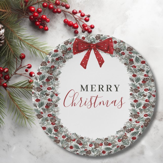 Christmas Watercolor Wreath Paper Plate (Christmas Watercolor Wreath Paper Plates)