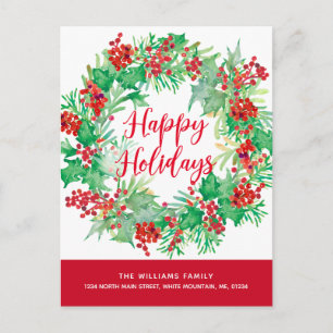 Christmas Watercolor Wreath Red Script Moving Holiday Postcard