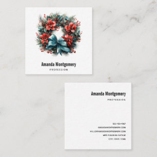Christmas Watercolor Wreath with Holly Square Business Card